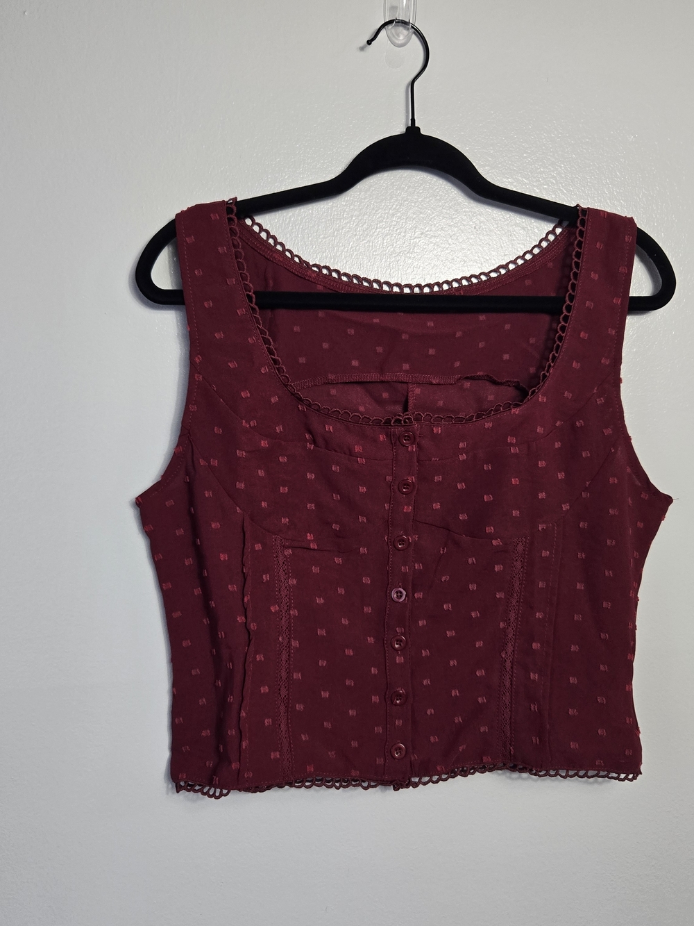 Dazy Burgundy Wine Swiss Dot Button Front Lace Trim Square Neck Crop Tank Top XL